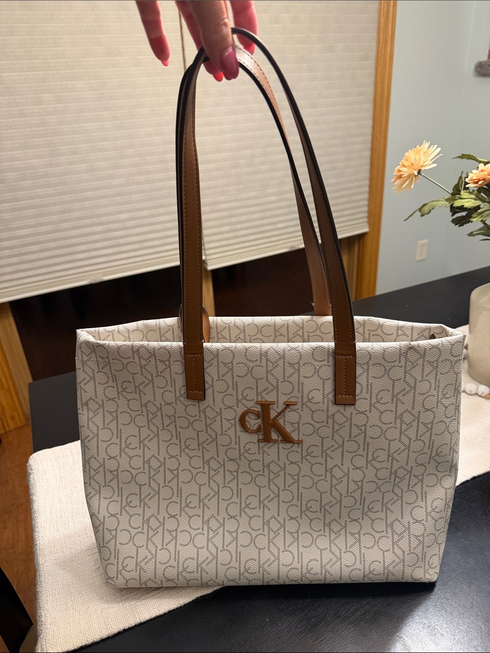 Calvin Klein White Monogram Tote with Brown Handles